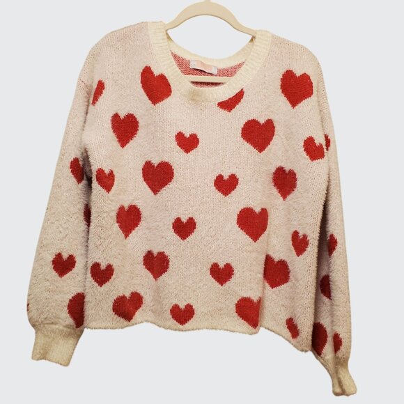 Preowned C+D+M Womens Heart Pattern Sweater Cream Red Knit Size Small - Picture 1 of 8
